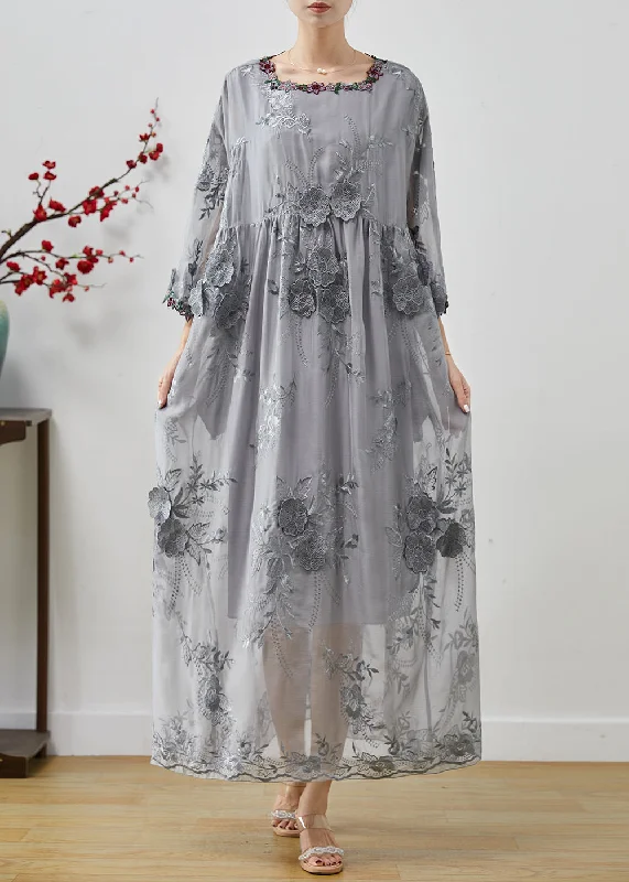 Bohemian Grey Embroidered Floral Silk Party Dress Spring Tunics Fashionable trendy