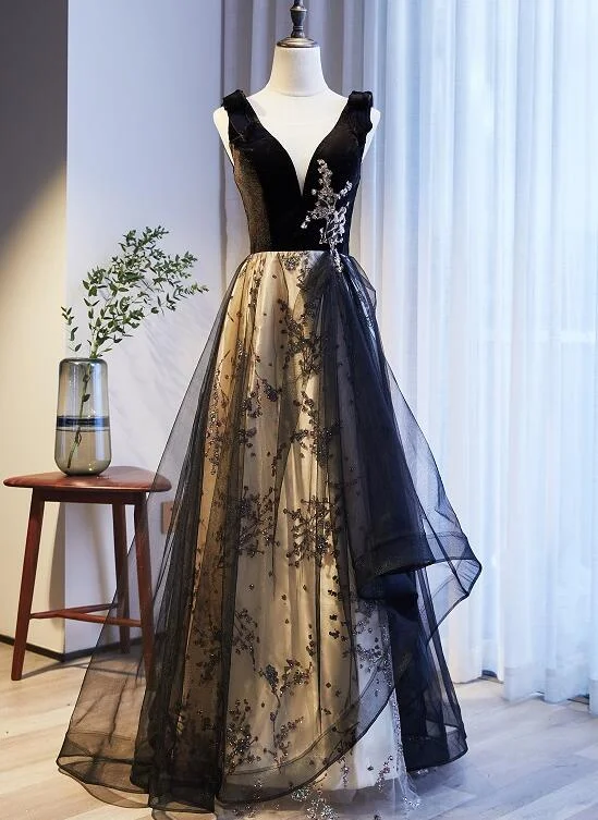 Black V-Neckline Velvet And Tulle New Style Prom Dress, Black Party Dress Evening Dresss    cg22378 Tunics Satin smooth