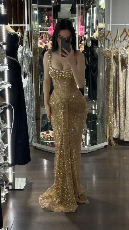 Gorgeous Gold Straps Mermaid Long Evening Party Dress DP3902 Tunics Leisure comfortable