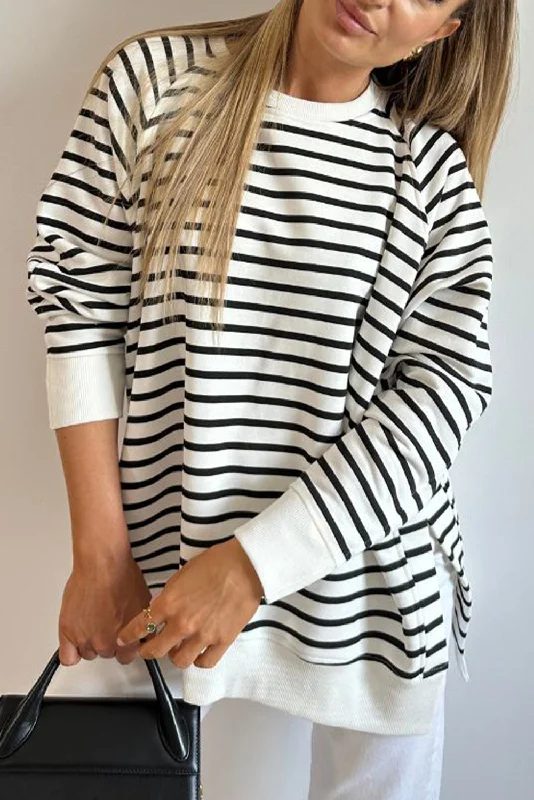 Stripe Raglan Sleeve Side Slits Loose Sweatshirt Hoodie with Full-Zip Functional Layering