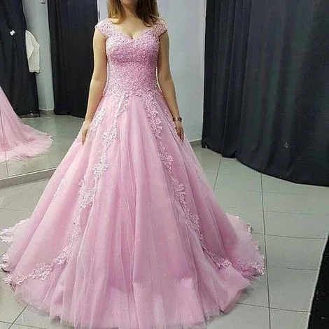 Princess Ball Gown Prom Dress Pink Tulle Cap Sleeve Wedding Party Dress With Lace Appliques            cg22899 Satin Halter Glamorous