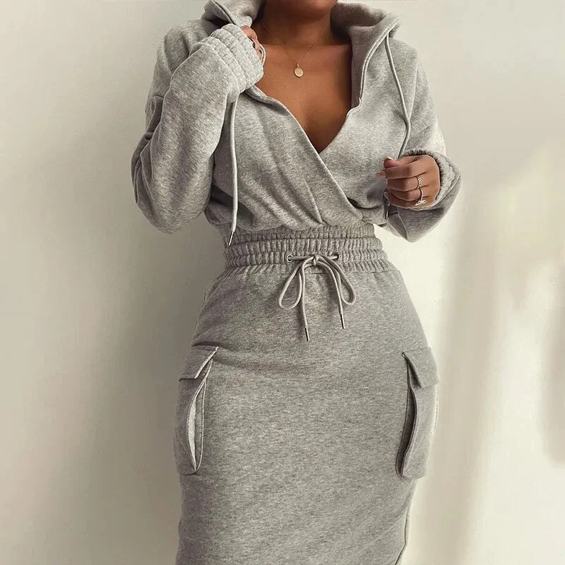 Getadme-Christmas Autumn Winter Casual Long Sleeve V Neck Lowcut Grey Dress Flap Detail Drawstring Waist Hooded Sweatshirt Dress Hoodie with Front Slit Layering Stylish