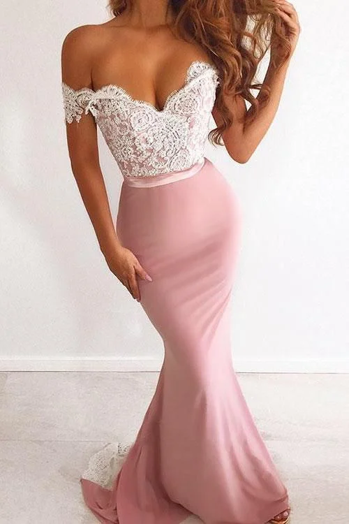 Unique Pink Off the Shoulder Mermaid Lace Long Prom Dresses Cheap Party Dresses    cg24795 Sequined Elegant Party