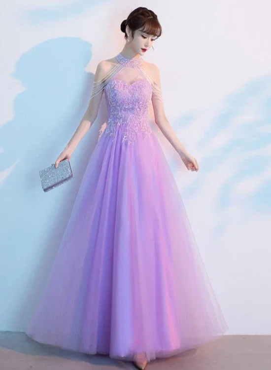 Purple Tulle Beaded Floor Length A-Line Prom Dress, Long Evening Dress Party Dress   cg22029 Pleated Skirt Elegant