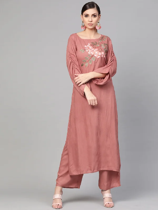 Women's Rose Gold Embroidered Straight Kurta With Palazzo Pants - Idalia Casual Drawstring Pants