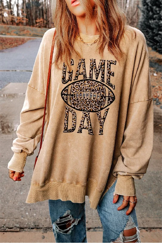 Soft Leopard Print Football Sweatshirt Hoodie with Hem Raw Edge Edgy Unfinished