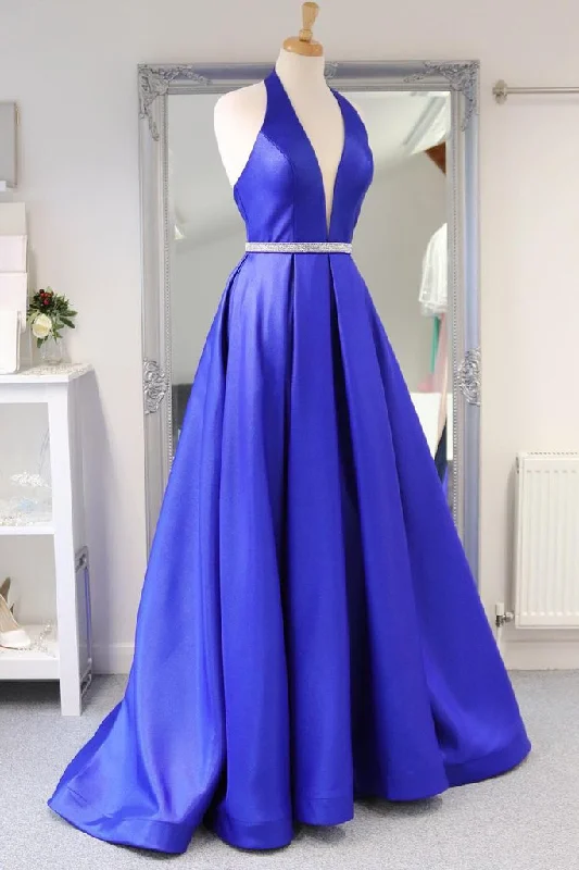 Royal Blue Satin Deep V Neck Simple Long Prom Dress Backless Party Dresses    cg22208 Tunics Bridal satin