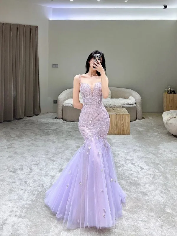 Lilac Straps Mermaid Tulle Long Party Dress Evening Gown, DP4160 Cowl Neckline Elegant