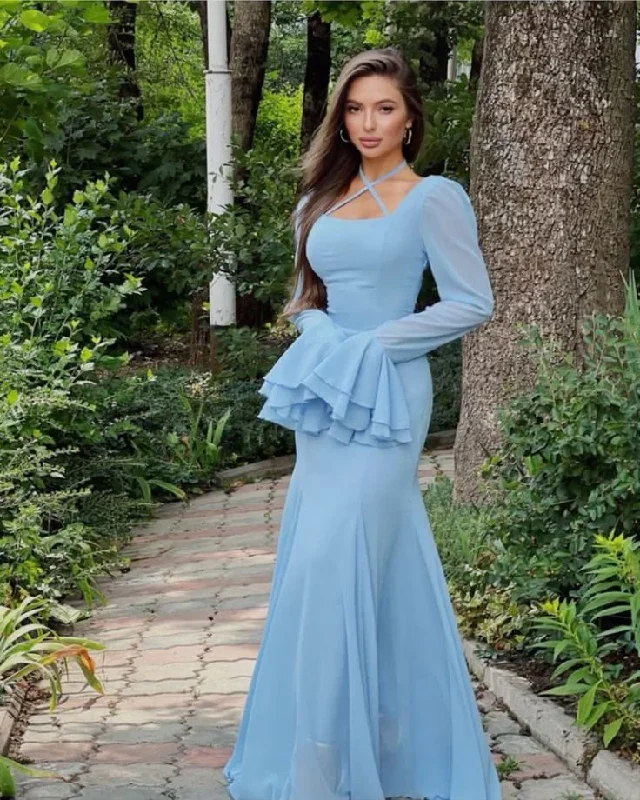 Light Blue Chiffon Prom Dress ,Long Party Dress      cg25263 Tunics Summer linen