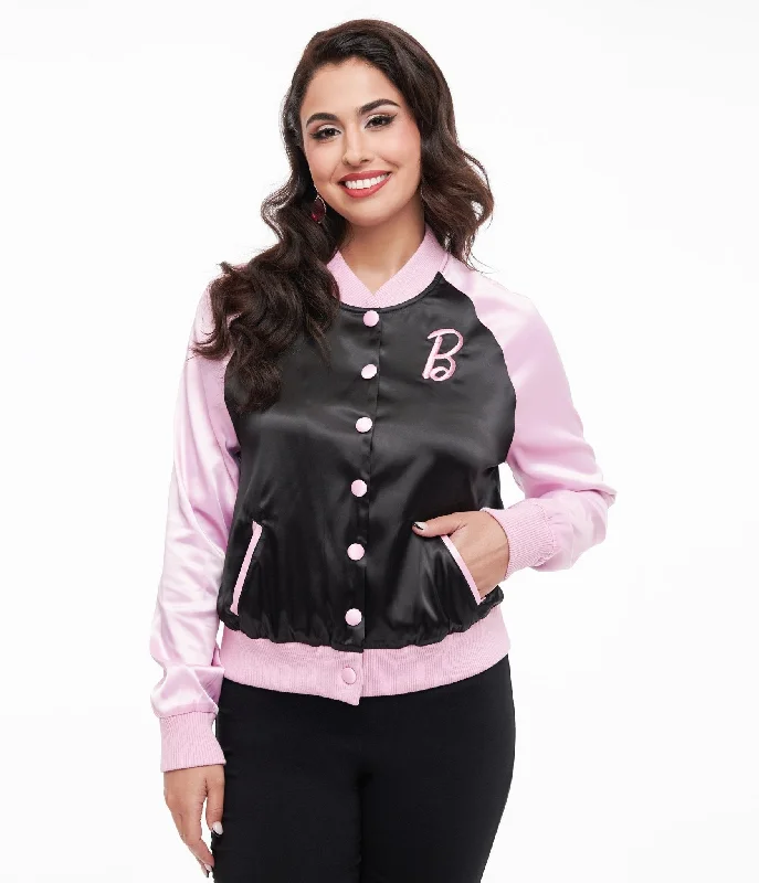 Barbie x Unique Vintage Pink & Black OG Barbie Long Sleeve Bomber Jacket Soft Fleece Bomber