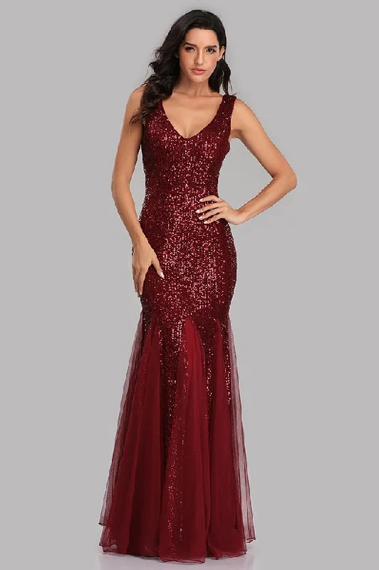 Sexy Burgundy Tulle V Neck Mermaid Sequin Prom Dresses, Evening Party Dresses STI15332 Tunics Seasonal trendy