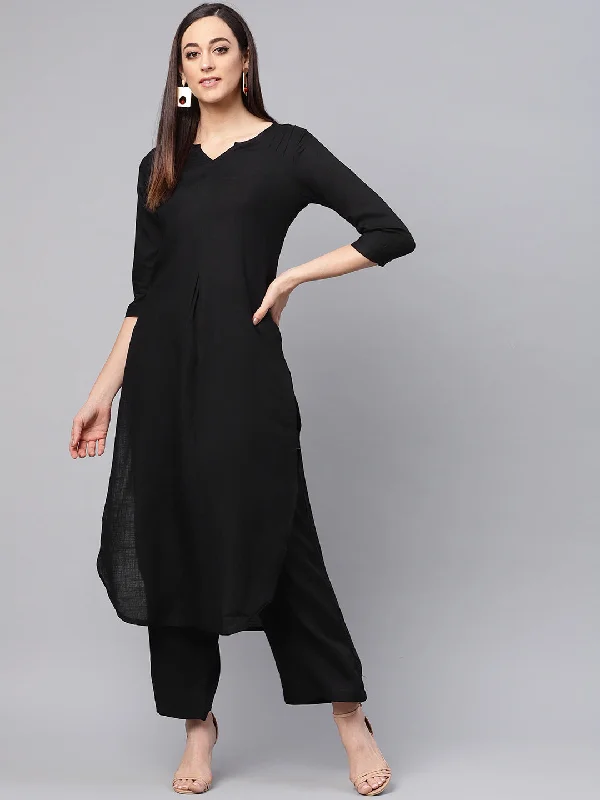 Women's Black Straight Kurta With Pants And Printed Dupatta - Idalia Casual Track Pants