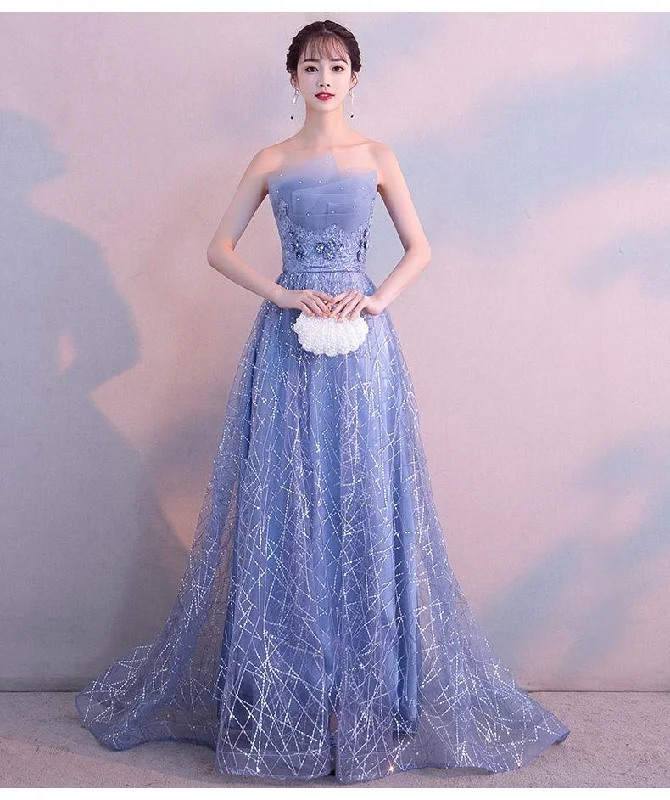 Beautiful Blue-Grey Tulle A-Line Long Evening Dress With Beadings, Long Party Dress prom dress    nv09 Tunics Cozy soft