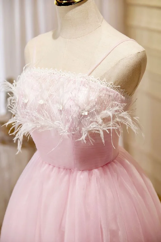 Pink Spaghetti Strap Tulle Short Prom Dress with Feather, Pink Party Dress     cg25037 Tunics Mesh breathable