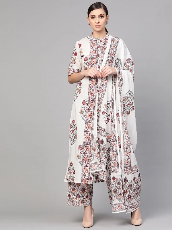 Women's White Floral Booti Kurta With Dupatta & Printed Palazzo Pants - Idalia Classic Stretch Pants