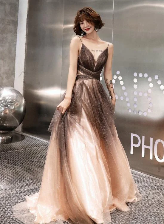 Unique Tulle V-Neckline Straps A-Line Gradient Party Dress, Tulle Long Evening Dress Prom Dress   cg21975 Off-the-shoulder Chic Trendy