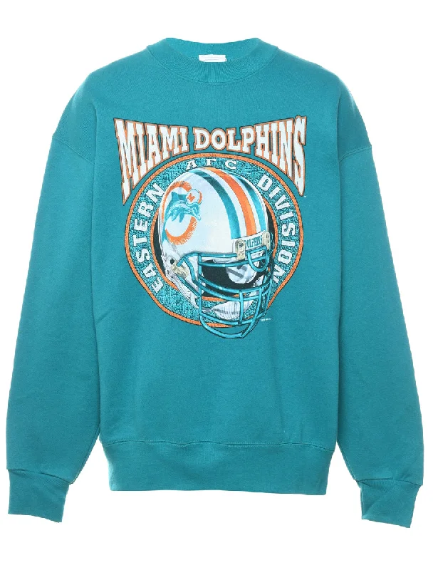 Miami Dolphins Printed Turquoise Sweatshirt - L Hoodie with Raw Hem Edgy Unfinished