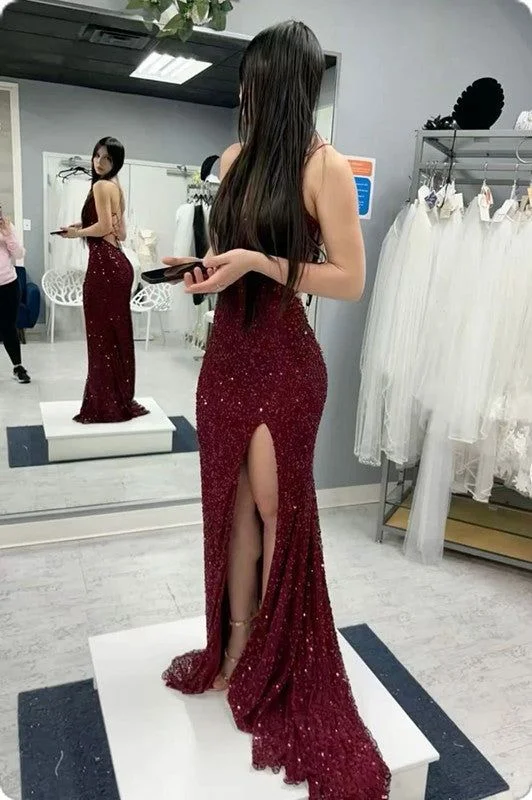 Sexy Mermaid Spaghetti Straps Burgundy Sequin Prom Dresses Party Dress      cg25274 Tunics Wedding white