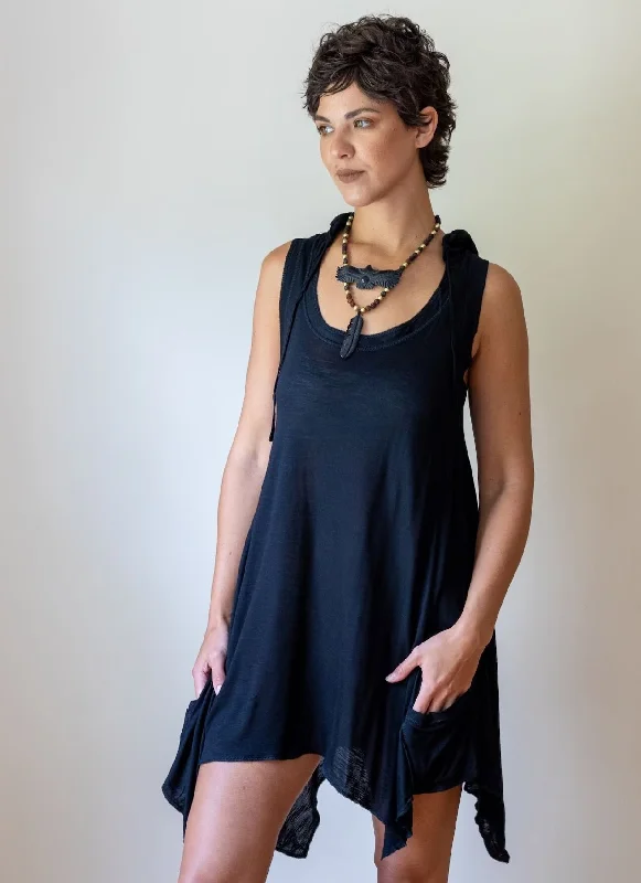 Pixie Sleeveless Hoodie Dress in Black Hoodie with Hem Applique Textured Unique