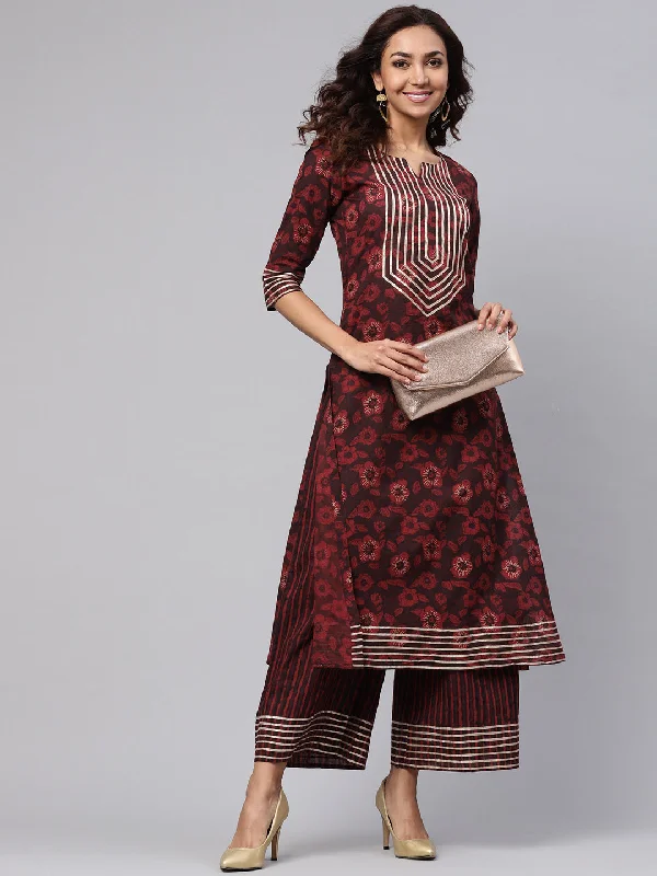 Women's Maroon A-Line Kurta With Palazzo Pants - Idalia Trendy Wide-Legged Trousers