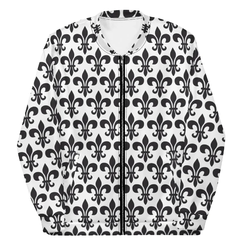 Fleur De Lis White & Black Unisex Bomber Jacket Faux Fur Bomber