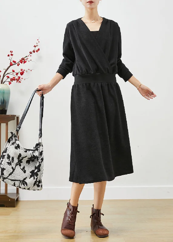 Casual Black V Neck Elastic Waist Cotton Sweatshirts Dress Fall Hoodie with Mock Neck Collared Structured