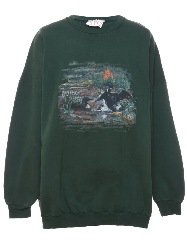 Dark Green Landscape Design Printed Sweatshirt - XL Hoodie with Pocket Utility Practical