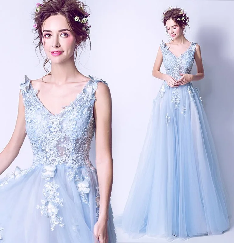 Light Blue Tulle Beaded Flowers V-Neckline Prom Dress, Long Blue Party Dress Evening Dress   cg21916 Tunics Velvet soft