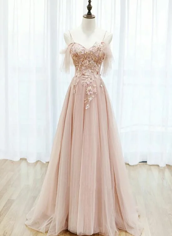 Pink Tulle Lace Applique Flowers Off Shoulder Long Party Dress, Pink A-Line Prom Dress    cg22377 Tunics Silk luxurious