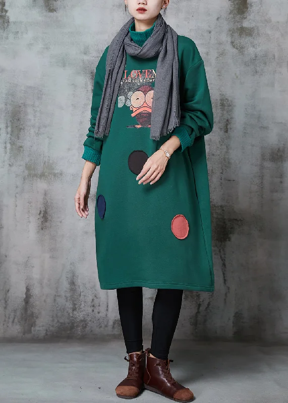 Elegant Green High Neck Print Cotton Sweatshirts Dress Spring Hoodie with Magnetic Closure Innovative Modern