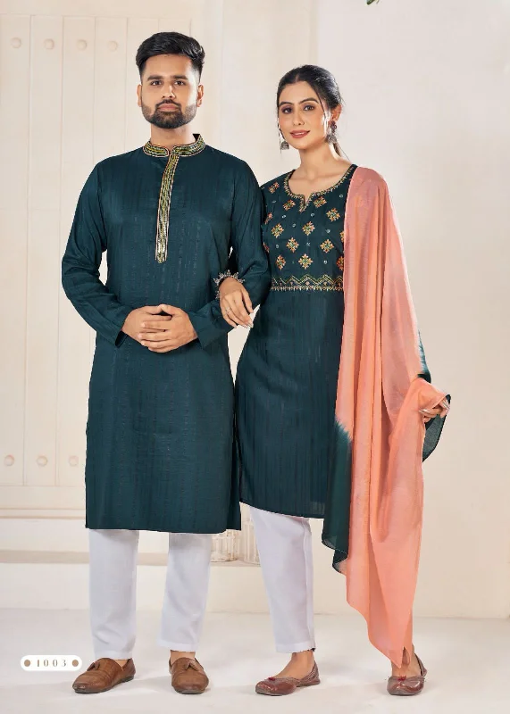 Festival Couple combo of Kurta with Pajama & Kurti with Pants & Dupatta Couple Goal X Fashionable Jogger Pants