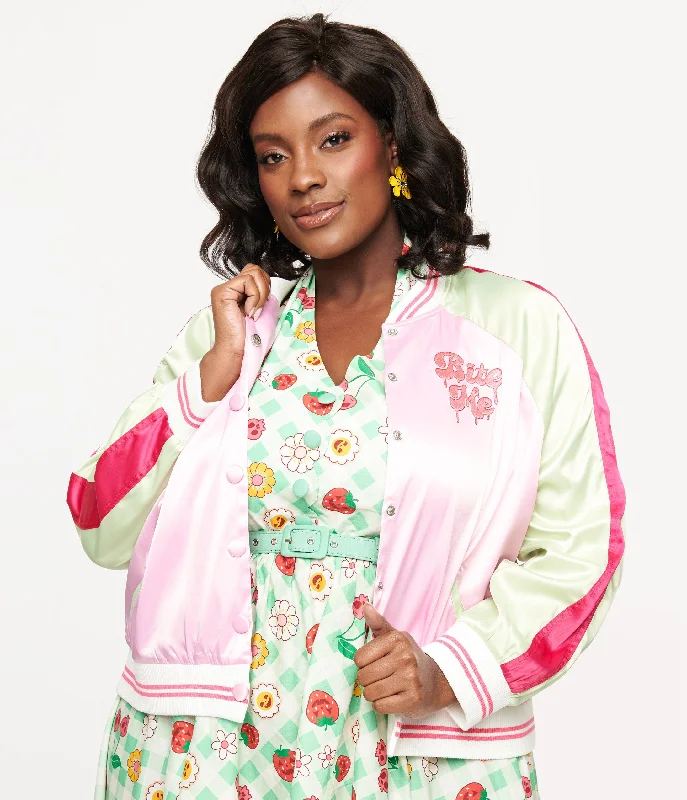 Unique Vintage Plus Size Pink & Green Bite Me Satin Bomber Jacket Trendy Cropped Bomber