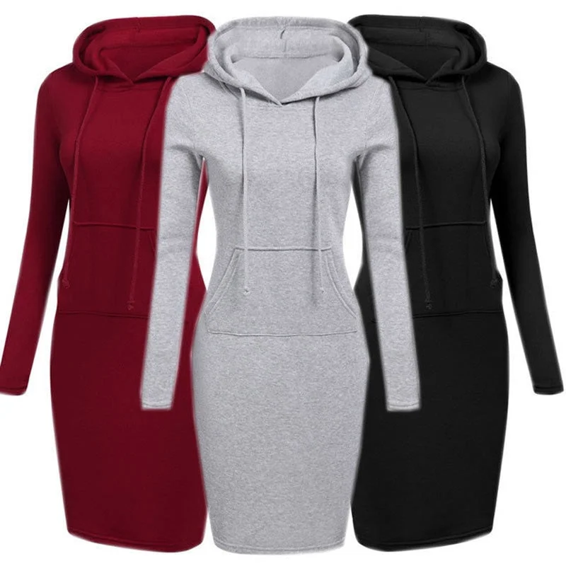 Hooded Hoodie Dress For Women 2018 Autumn Winter Fleece Solid Hoodies With Pockets Women's Sweatshirt Dresses Casual Vestidos Hoodie with Lace Feminine Delicate