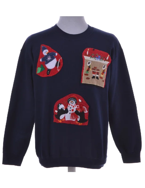 Navy Appliqué Christmas Sweatshirt Hoodie with Half-Zip Sporty Casual