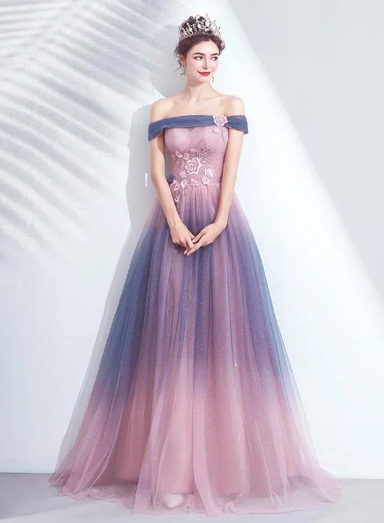 Blue And Pink Tulle Shiny Gradient Off Shoulder Party Dress, A-Line Long Formal Evening Dress prom dress evening dress     cg22710 Pencil Length Work