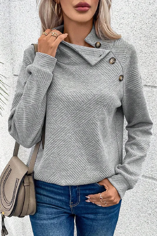 Asymmetric Buttons Detail High Neck Textured Sweatshirt Hoodie with Snap Buttons Easy Quick