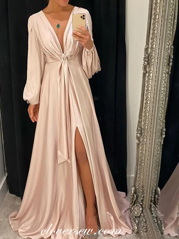 Gold Champagne Elastic Satin Long Sleeves Party Dresses, CP0673 Crew Neckline Casual