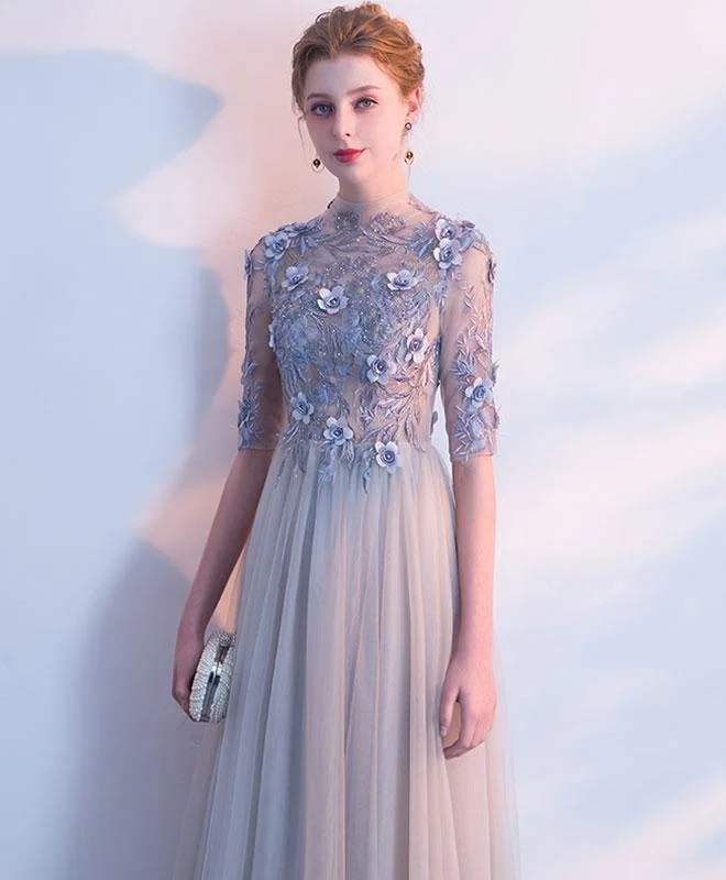 Light Grey Tulle Long Lace Applique Flowers Wedding Party Dresses, A-Line Tulle Evening Dress Prom Dress   cg22376 Tunics Velvet soft