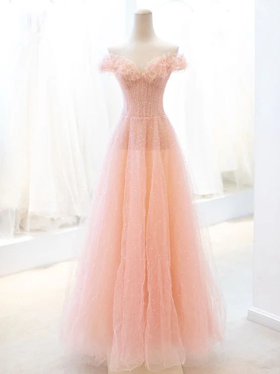 Pink Tulle Sequins Long Prom Dress, A-Line Lovely Evening Party Dress     cg25118 High-Low Hemline Casual