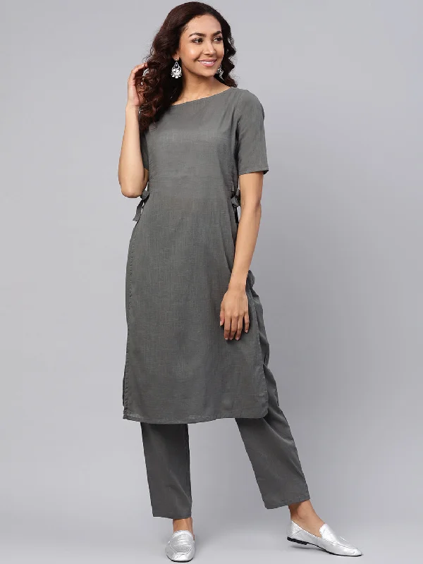 Women's Grey Straight Kurta With Pants - Idalia Modern Stretch Trousers