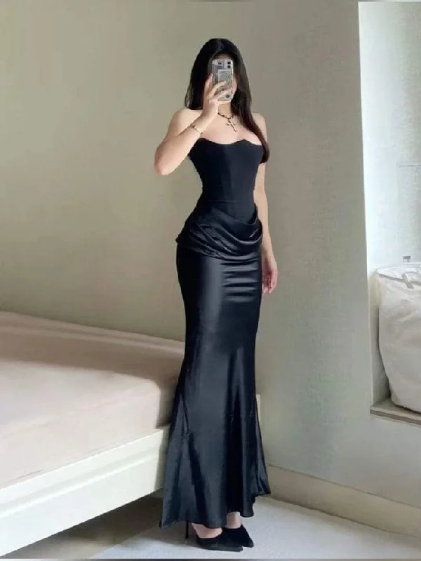 Sexy Black Strapless Satin Mermaid Long Evening Party Dress, DP3723 Tunics Luxurious premium