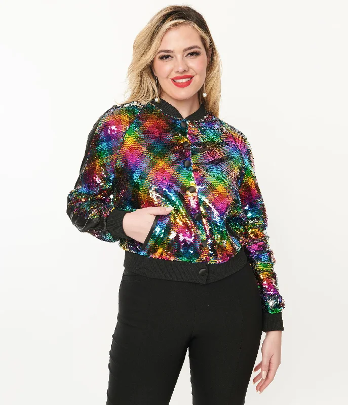 Unique Vintage Rainbow Sequin Satin Bomber Jacket Classic Bomber Jacket