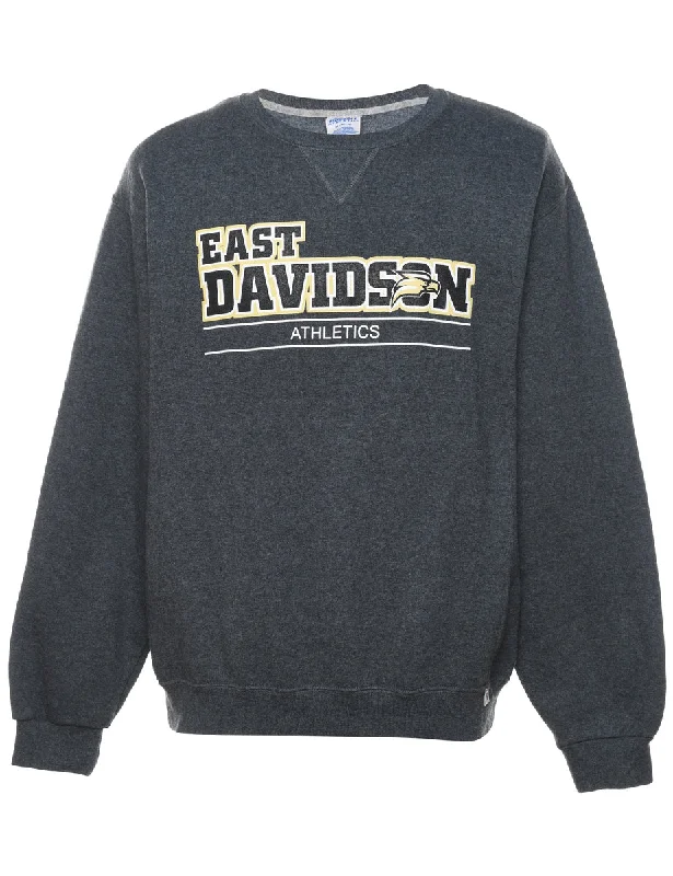 Russell Athletic East Davidson Athletics Printed Dark Grey Sweatshirt - M Hoodie with High-Low Hem Asymmetrical Trendy