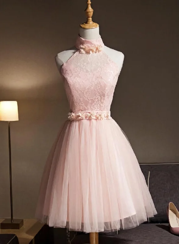 Lovely Pink Halter Tulle Flowers Short Prom Dress Homecoming Dress, Pink Graduation Dresses Party Dresses Tunics Leisure comfortable