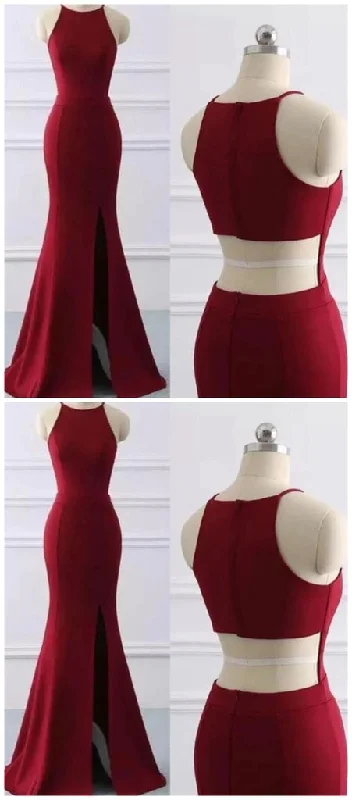 Wine Red Halter Mermaid Long Party Dress With Leg Slit, Sexy Long Formal Dress prom Dress     cg22571 Tunics Print Colorful