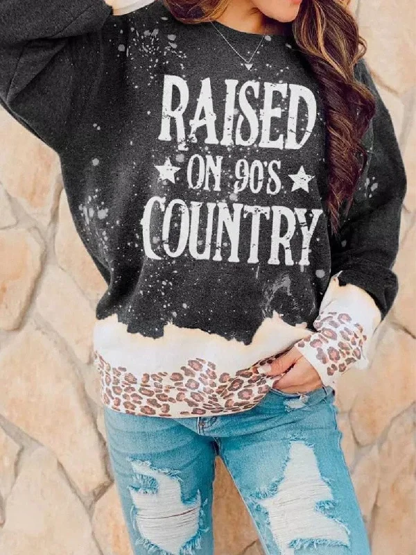 90's Country Leopard Print Color Block Sweatshirt with Raised Hem Hoodie with Reflective Safety Nightwear