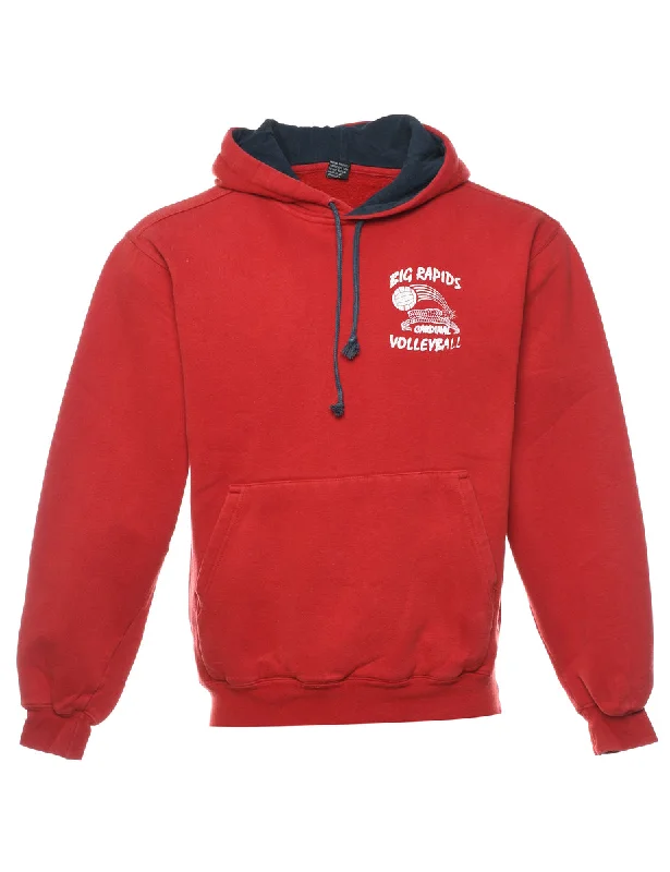 Red Volleyball Hooded Sports Sweatshirt - S Hoodie with Frayed Bohemian Relaxed