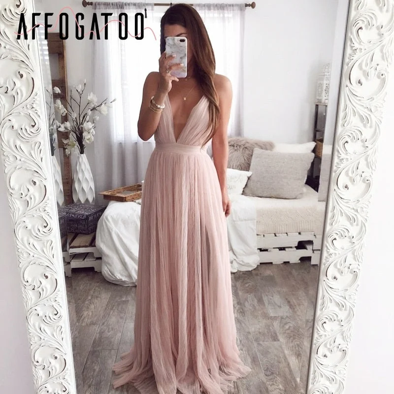 Affogatoo Sexy deep v neck backless summer pink dress women Elegant lace evening maxi dress Holiday long party dress ladies 2019 Tunics Solid Classic