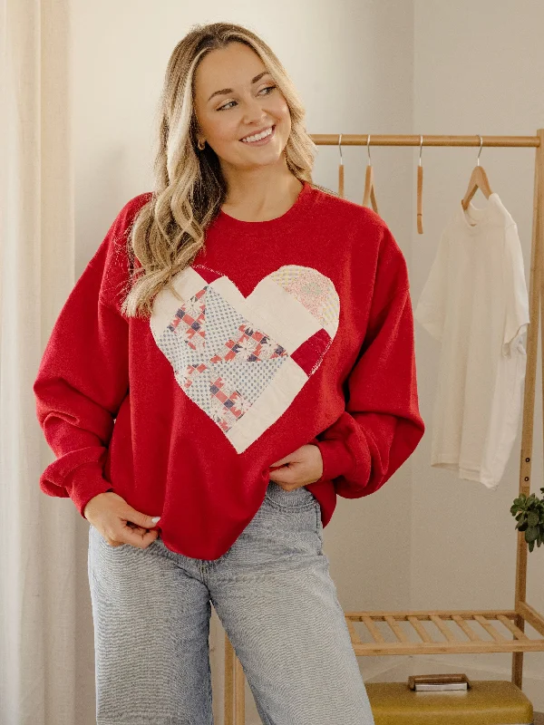 Large Heart Quilted Applique Red Thrifted Sweatshirt Hoodie with Drop Shoulder Relaxed Streetwear