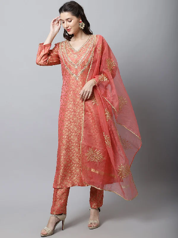 Maharani Pink Embroidered Kurti With Straight Pants And Organza Dupatta Couple Matching Dress Classic Flared Pants